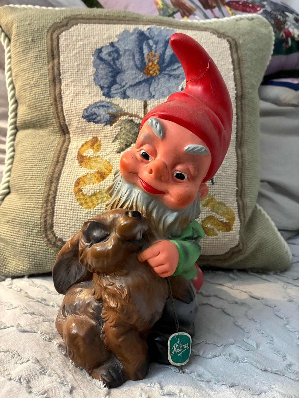 Vintage Heissner Red-Hat Garden Gnome with Bunny & Original Tag